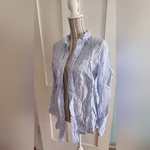 GAP Blue & White Vertical Stripe Women's Linen Casual Button-Down Shirt L